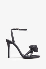 Sweet Step Black Satin Strappy Heeled Sandals With Flowers