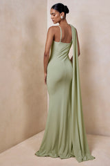Kenza Mint Asymmetric Neck Maxi Dress With Scarf Detail