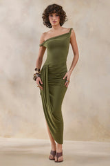 Angelique Olive Green Twisted Asymmetric Maxi Dress