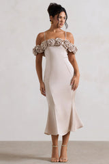 Petunia Champagne Satin Floral Bardot Midi Dress