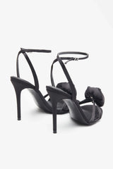 Sweet Step Black Satin Strappy Heeled Sandals With Flowers