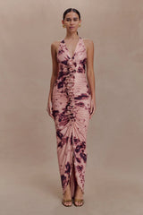 Alessandra Slinky Ruffle Maxi Dress Pink Blurred Floral Print