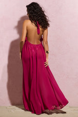 Naelya Dark Pink Chiffon Halter Neck Maxi Dress With Corsages