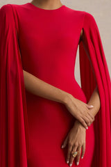 Briony Red Crew Neck Maxi Dress With Cape Sleeves