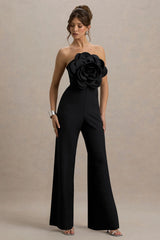 Opia Black Bandeau Wide Leg Jumpsuit With Large Floral Corsage