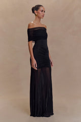 Caspian Slinky And Mesh Off Shoulder Maxi Dress Black