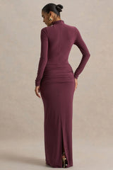 Myra Burgundy High Neck Maxi Dress With Sash and Ruched Detailing