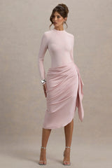 Raffie Pink Long Sleeve Midi Dress With Satin Wrap Skirt