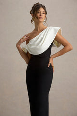 Angelina Black White Draped Shoulder Maxi Dress