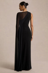 Mirelle Black Asymmetric Neck Maxi Dress With Sheer Cape Sleeve
