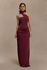 Mattea Slinky And Mesh Maxi Dress With Scarf Burgundy