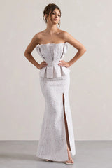 Kaleido White Lace Strapless Ruffled Split Maxi Dress