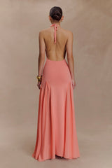 Soleil Knit And Mesh Halter Maxi Dress Coral