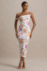 Nora Peach And Lilac Floral Twisted Asymmetric Midi Dress