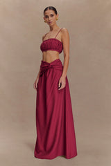 Scottie Gathered Linen Knot Maxi Skirt Wine