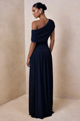 Emberly Navy Draped Asymmetric Neck Maxi Dress With Drop Waist