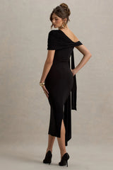 Praia Black Asymmetric Neck Maxi Dress With Sash and Draped Detailing