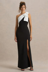 Kiri Black White One Shoulder Bow Maxi Dress