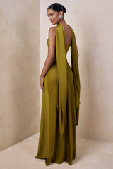 Charly Olive Matte Satin Bandeau Maxi Dress With Scarf Detail