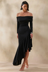 Goldara Black Bardot Neck Maxi Dress With Ruffled Asymmetric Hem