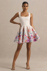 Gemstone Light Pink Floral Print Square Neck Skater Mini Dress