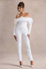 Ales White Bardot Tailored Straight Leg Jumpsuit With Feather Trim