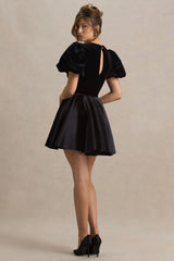 Priya Black Velvet Mini Dress With Puff Sleeves