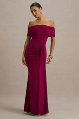 Delma Burgundy Bardot Maxi Dress With Drape Detail