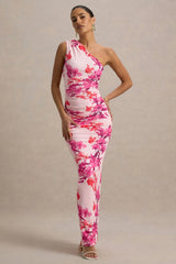 Dalarie Pink and Orange Floral Print One Shoulder Gathered Maxi Dress