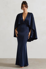 Yasie Navy Satin Plunge Neck Maxi Dress With Cape Sleeves
