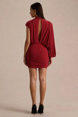 Zelda Red High Neck Mini Dress With One Long Sleeve And Twisted Detail