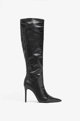 Uptown Black Croc Fitted Over Knee Pointed Heeled Boots