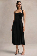 Esmeray Black Velvet Sweetheart Neck Midi Dress