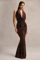 Lavernia Brown Velvet Halter Neck Maxi Dress With Gathered Detailing