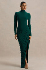 Betsy Bottle Green High Neck Maxi Dress With Front Split And Ruched Detailing