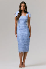 Precious Treasure Powder Blue Square Neck Midi Dress With Tie Details