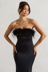 One And Only Black Satin Feather Trim Bandeau Midi Dress