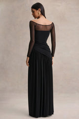 Bexley Black Bardot Neck Draped Maxi Dress With Long Mesh Sleeves