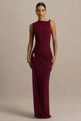 Decadence Burgundy High Neck Wrapped Maxi Dress With Twist Sleeve