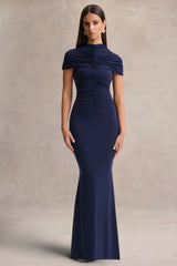 Azaria Navy High Neck Maxi Dress With Ruched Detailing