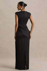 Influence Black Satin Slashed Neck Maxi Dress With Embellished Detail And Sash