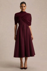 Thalia Burgundy High Neck Midi Dress With Sheer Mesh Cape