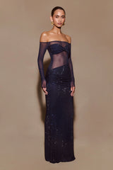 Nash Diamante Off Shoulder Maxi Dress Navy