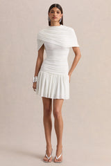 Fenella White High Neck Mini Dress With Cape Sleeves And Ruched Detailing