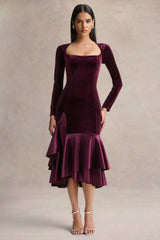 Emberlyn Burgundy Velvet Scoop Neck Fishtail Midi Dress