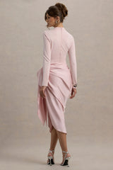 Raffie Pink Long Sleeve Midi Dress With Satin Wrap Skirt