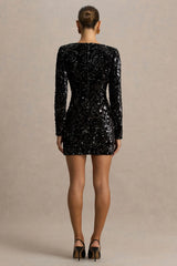 Ritz Black Sequin Plunge Neck Mini Dress With Long Sleeves