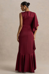 Rosy Burgundy Satin Boat Neck Maxi Dress With Front Split And Ruffled Detailing