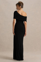 Dynasty Black Asymmetric Neck Maxi Dress With Ruched Detailing And Front High Split