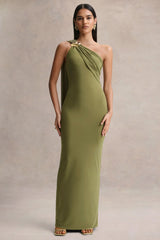 Mandy Olive Asymmetric Neck Maxi Dress With Gold Detail